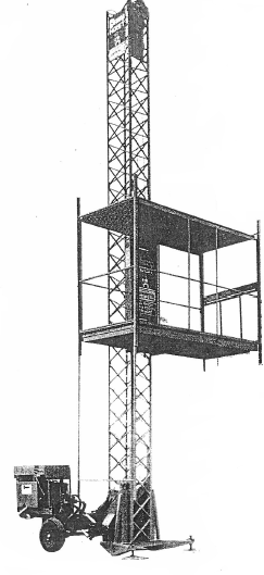 A hoist crane, including tower, carriage, and control base.