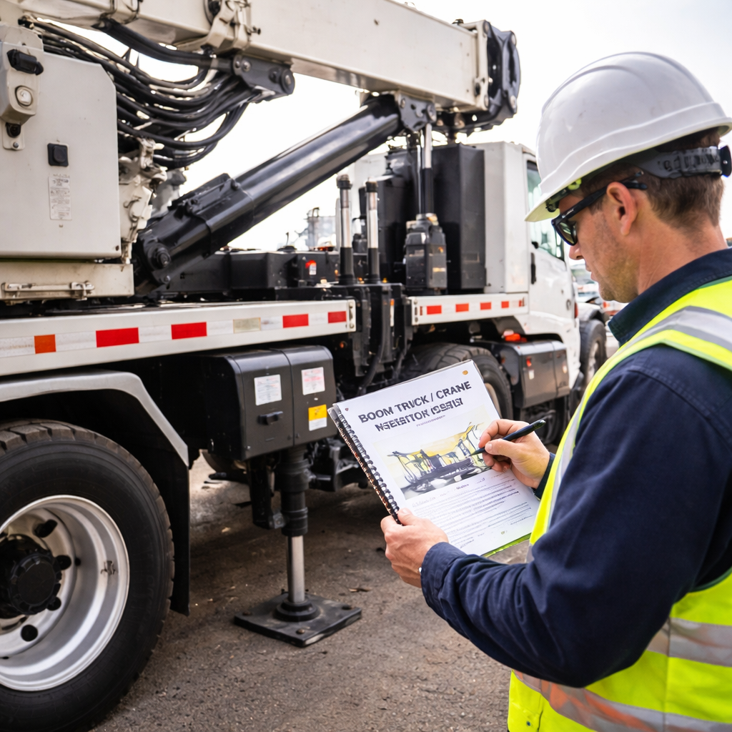 Crane Boom Truck Being Inspected